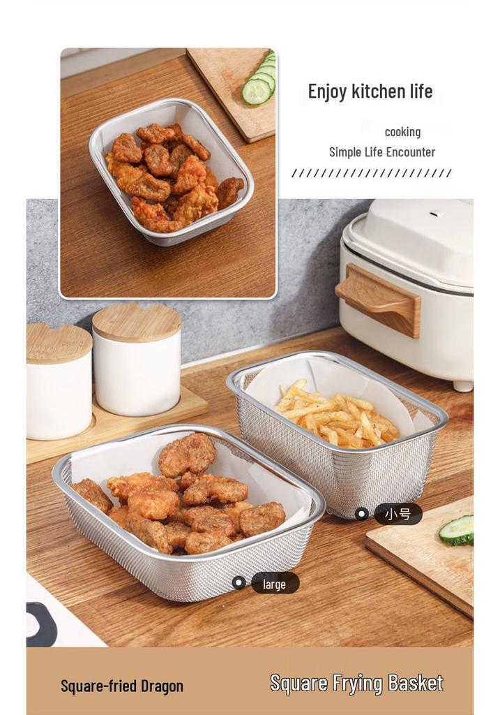 SP Sauce Stainless Steel Square Fry Basket with Stand and Oil Draining Tray