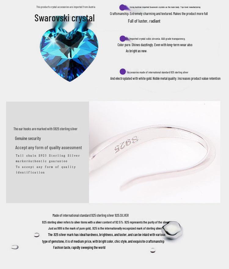 Korean Ocean Heart Blue Crystal S925 Silver Women's Earrings