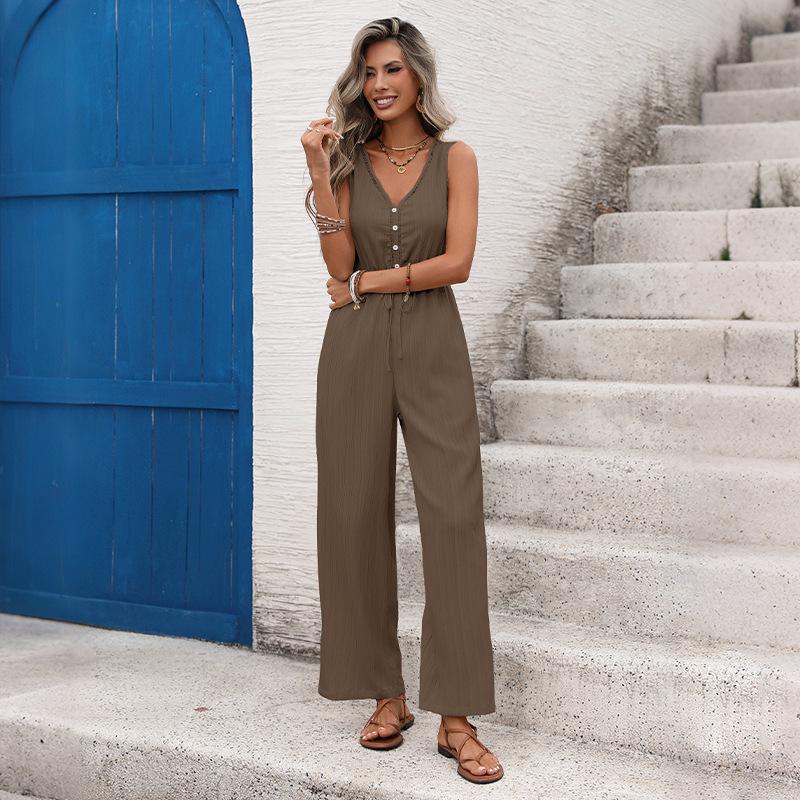 2026 Spring/Summer V-Neck Sleeveless High-Waisted Jumpsuit - European & American Resort Casual Style for Women