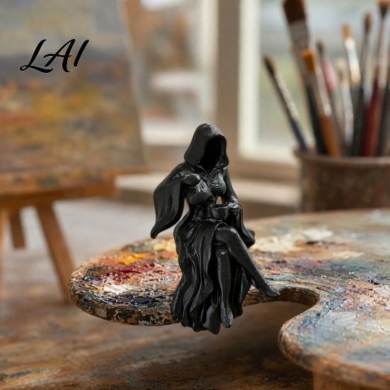 Hooded Lady Statue Gothic Reaper Figurine 3D Printed Dark Fantasy Shelf Sitter Figurine for Display Mysterious Black Robed Women Pouring Tea