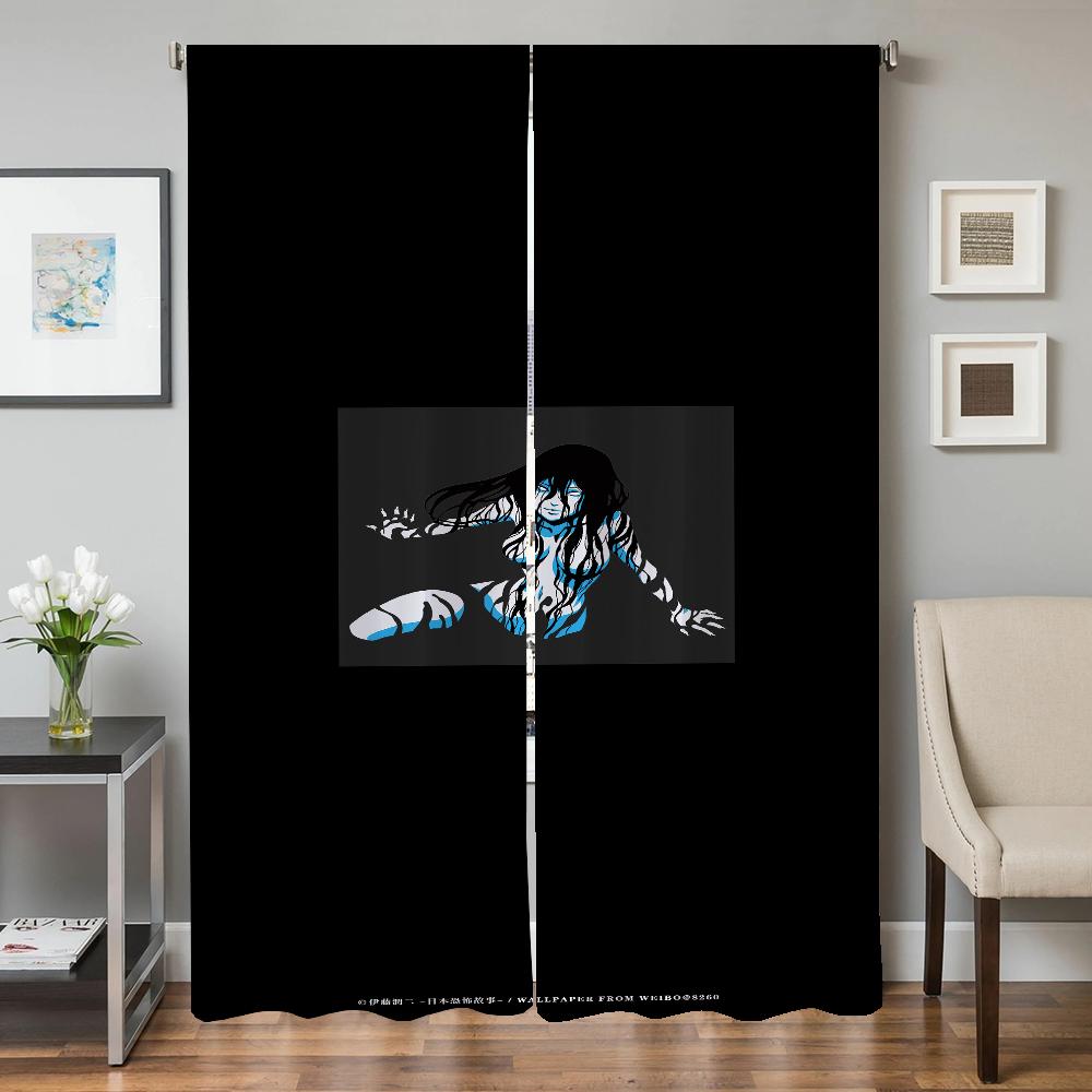 Home Interior Kitchen Curtains for Living Room 2 Pieces Blackout Curtains Door Curtain Junji Ito Bedroom Decoration Partition