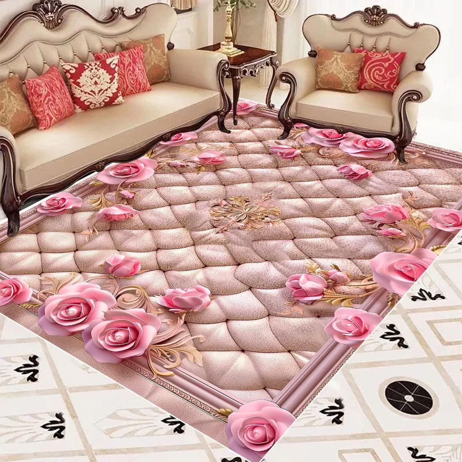 

Area Rugs Floor Carpet Mat European Pink Rose Pattern Non Slip Print Floor Mat for Living Room Bedroom Kitchen Home Decor 40x60cm