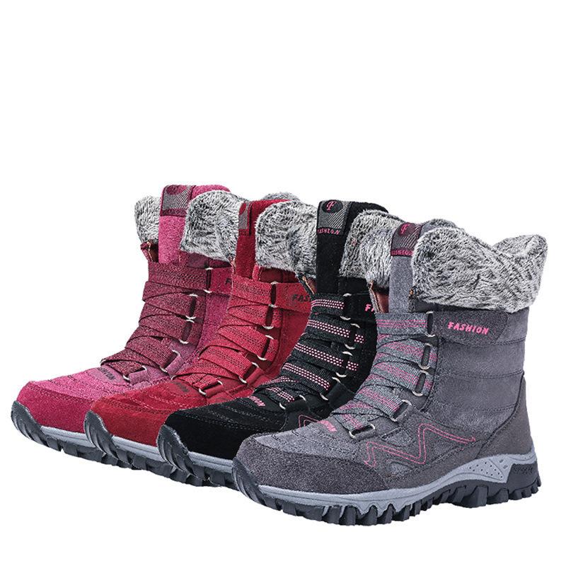Women Winter Velvet Plus PU Snow Boots Casual Suede Medium Warm High Top Cotton Shoes Large Antiskid Solid Color Lace Up Rope