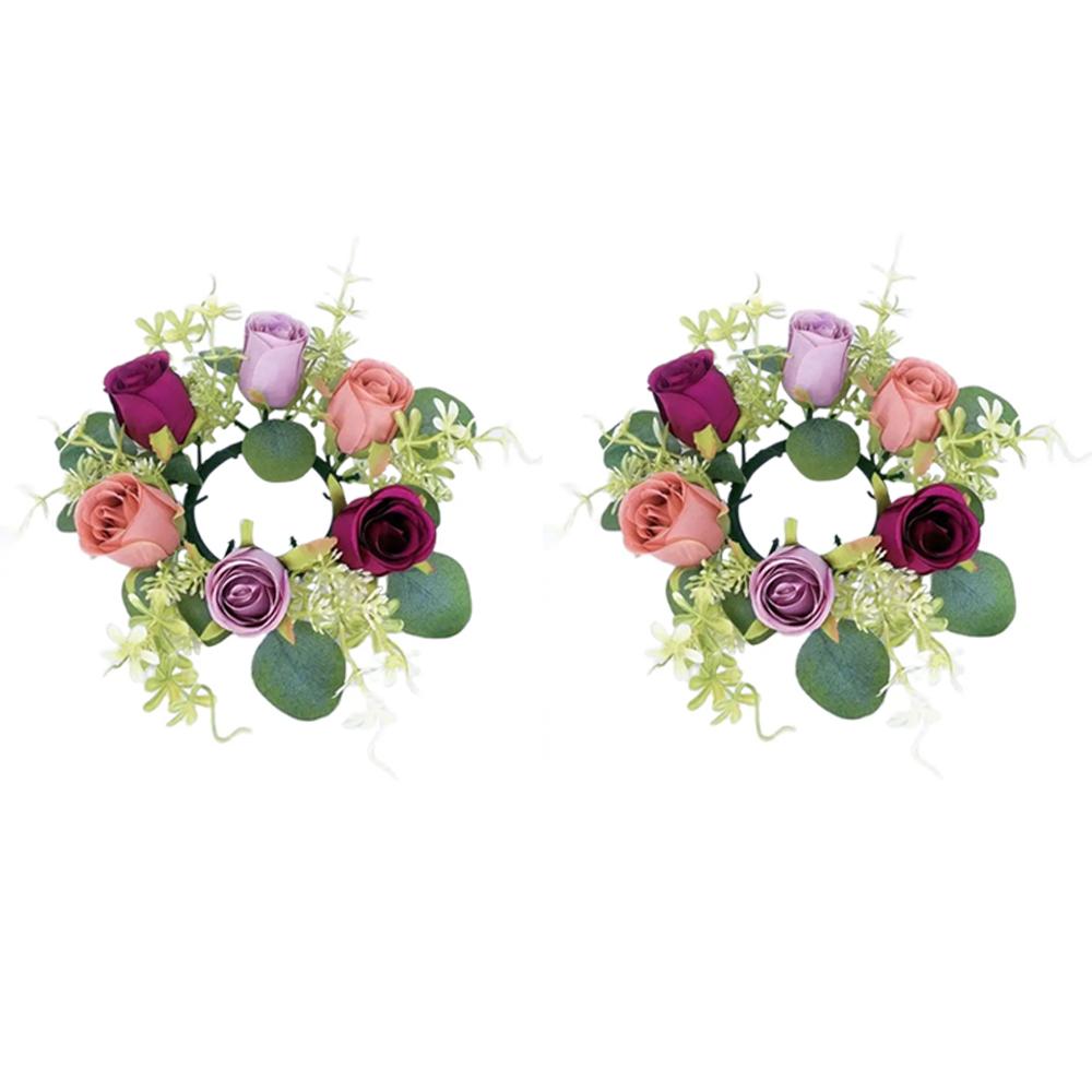 2pcs Artificial Garland with Candlestick Centerpieces, Rose Candle Wreath, Tea Light Candle Holders, Artificial Plant Wreath