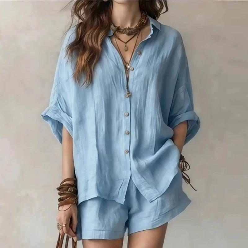 Set Estivo da Donna Tinta Unita Monopetto Manica Corta Camicia Pantaloncini Set Due Pezzi