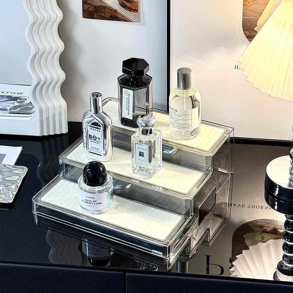 ACSTORi Perfume Storage Figure Display Telescopic Cosmetic Storage Adjustable Height Clear PET TPR Mat No Installation Perfume Organizer Rack, Stand,
