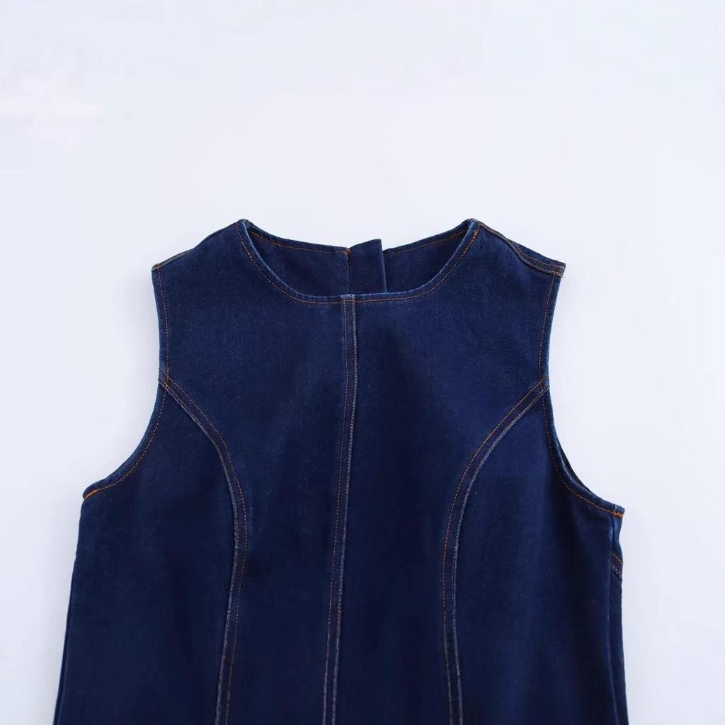 Women's 2025 Spring Sleeveless Denim Midi Dress - Versatile Retro French Style
