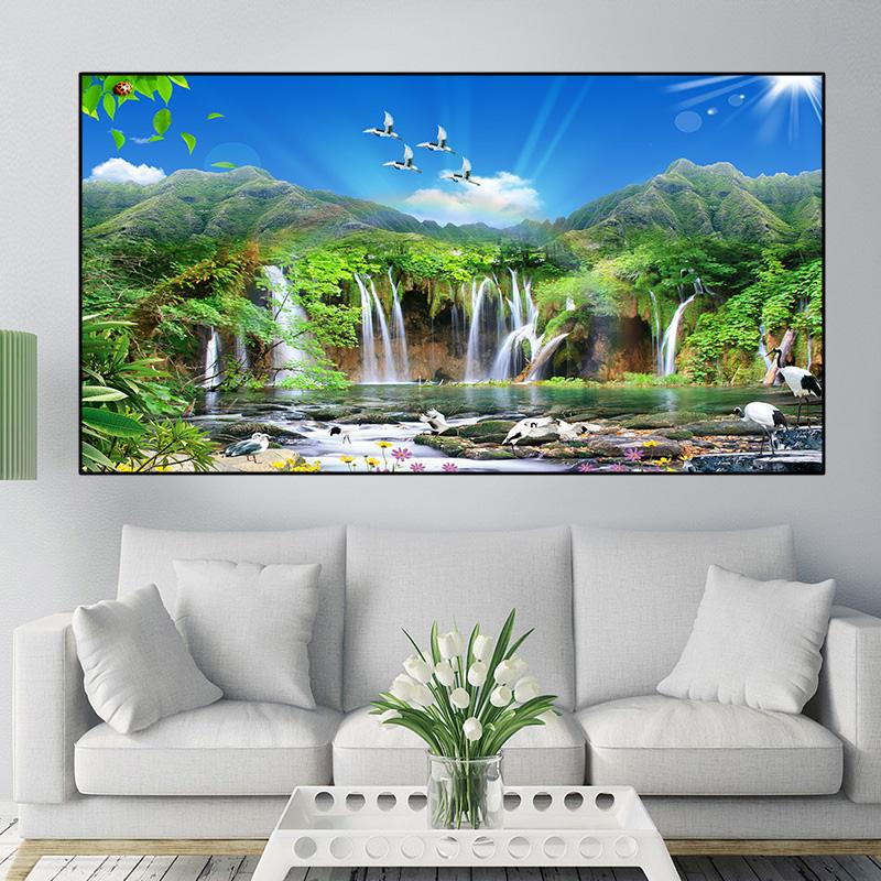 

Абстрактная картина с лебедем, водопадом, лотосом, современные пейзажные постеры и принты, настенные панно для гостиной, домашний декор, без рамки 70x140cm no frame