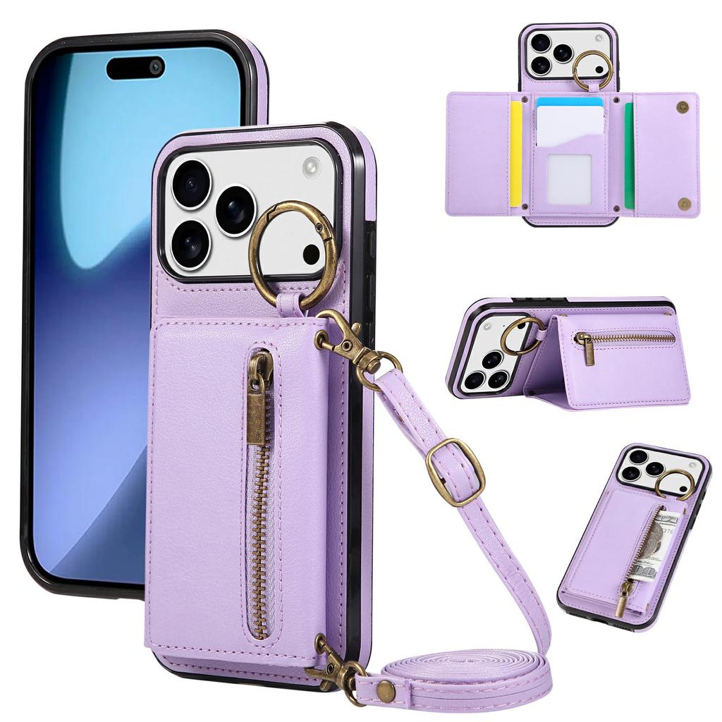For iPhone 17 Pro Leather Back Cover Zipper Wallet Kickstand Phone Case with Shoulder Strap