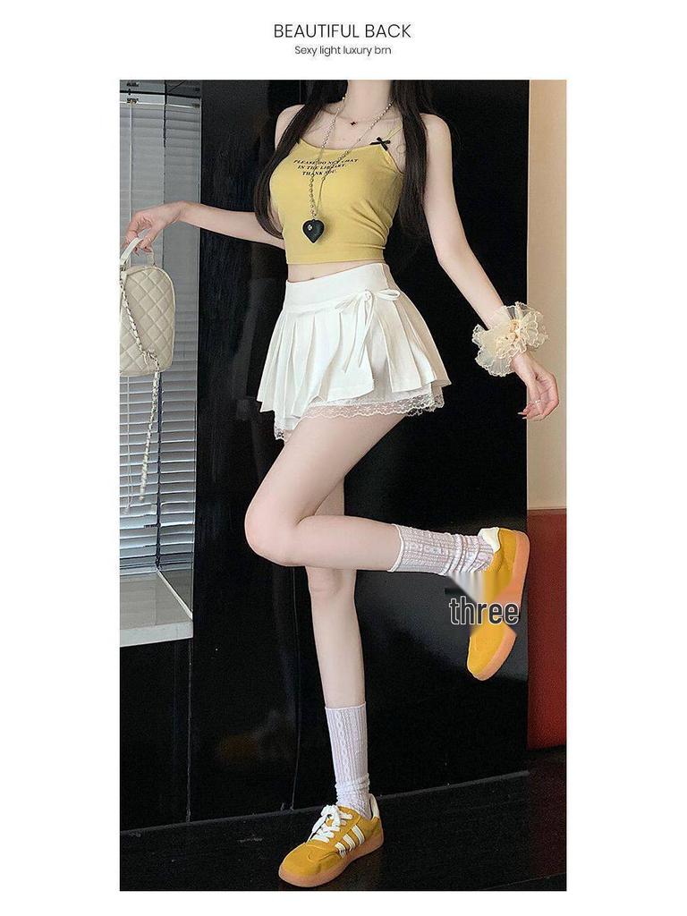 Spicy Ultra-Short Pleated Lace Patchwork A-line Skirt with Bow for Women