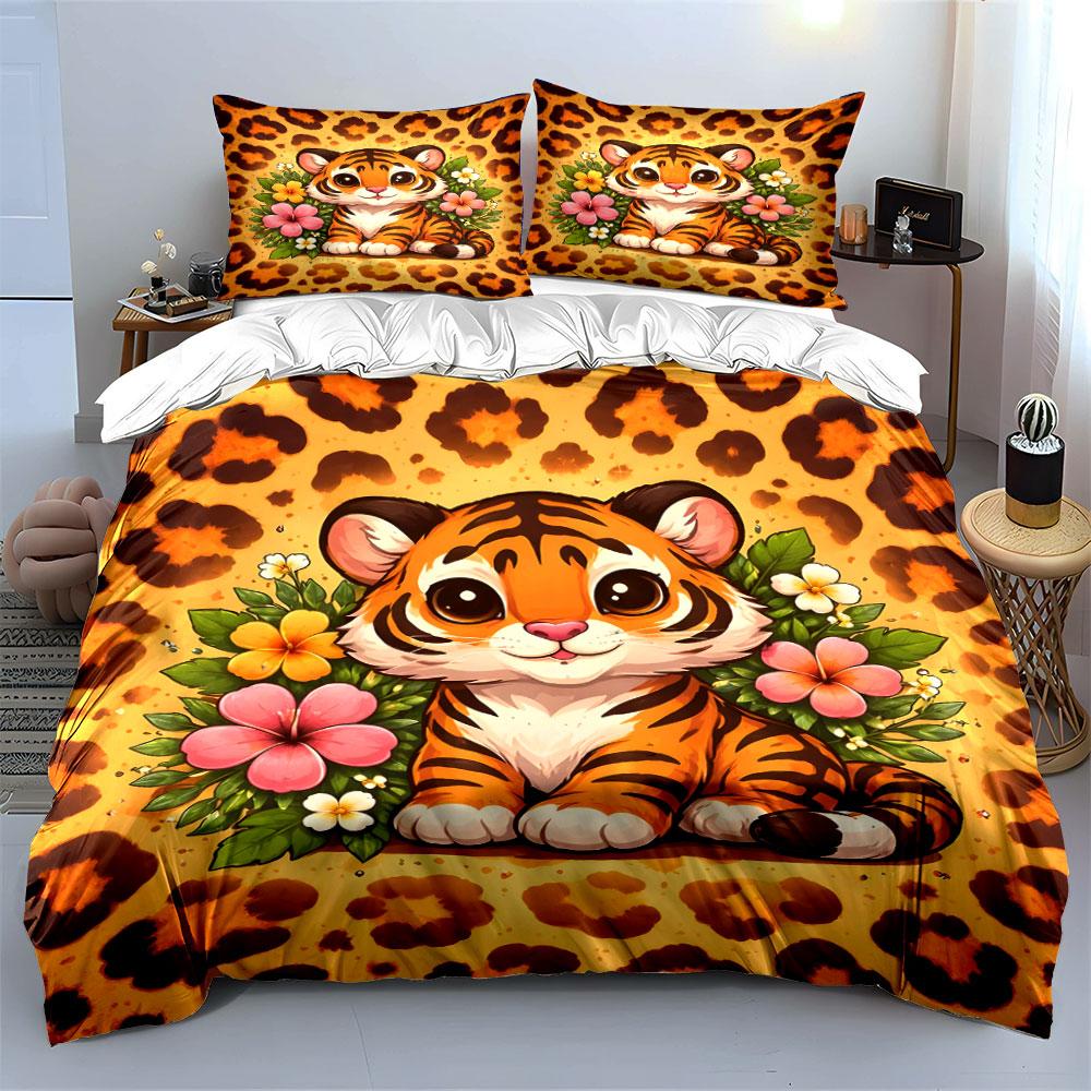 Cute Tiger With Floral Background Bedding Set For Kids Luxury Gift 3Pcs Digital Print Comforter Set Soft Comfortable Breathable