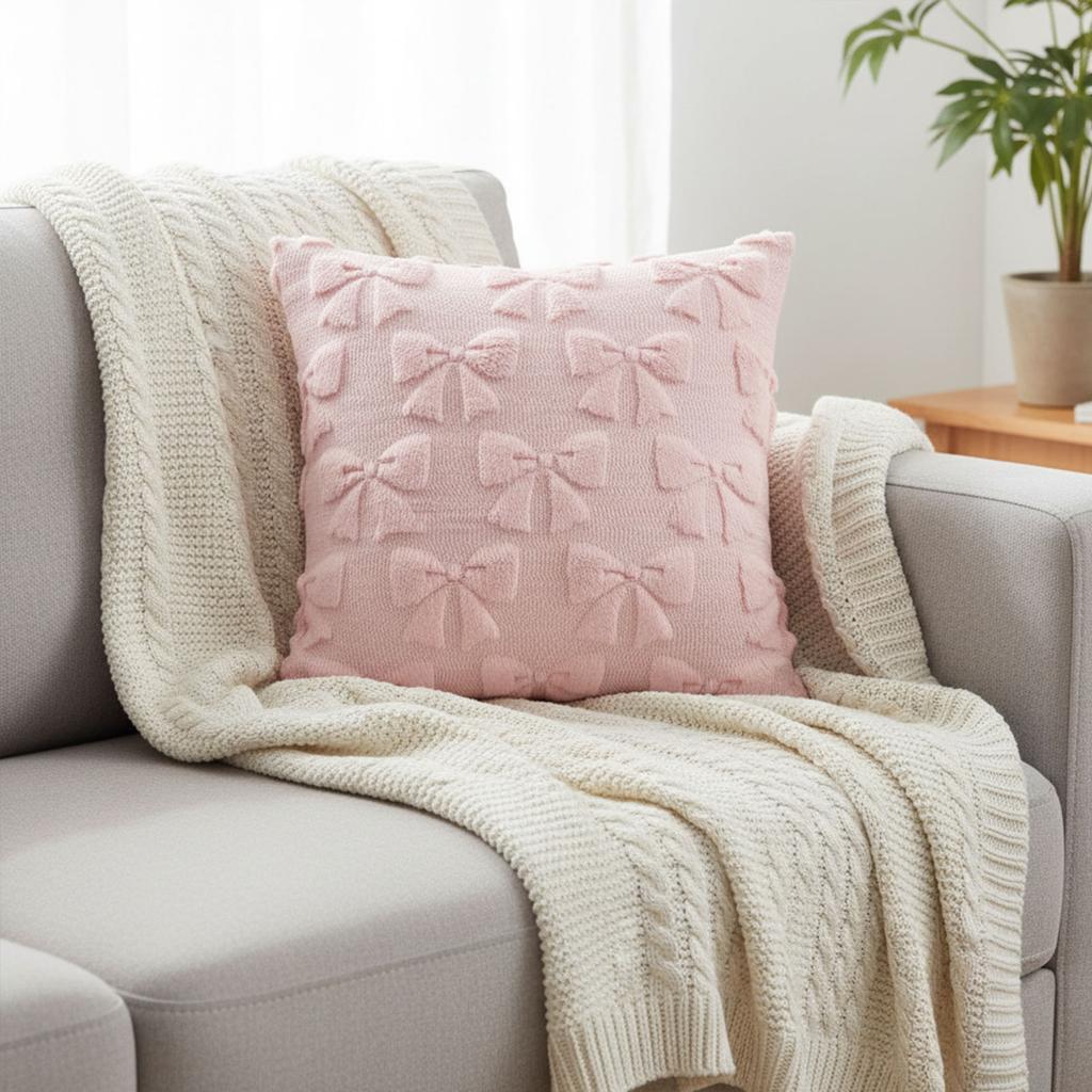 Cute Fluffy Bow Pillow Covers Washable Decorative Bowknot Pillowcase Multi-Purpose Valentine Plush Cushion Cover for Home Decor