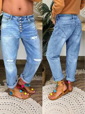 Jean bleu déchiré ample à jambes droites pour femmes 2025: Style Européen & Américain, Pantalon Long Décontracté Lavé