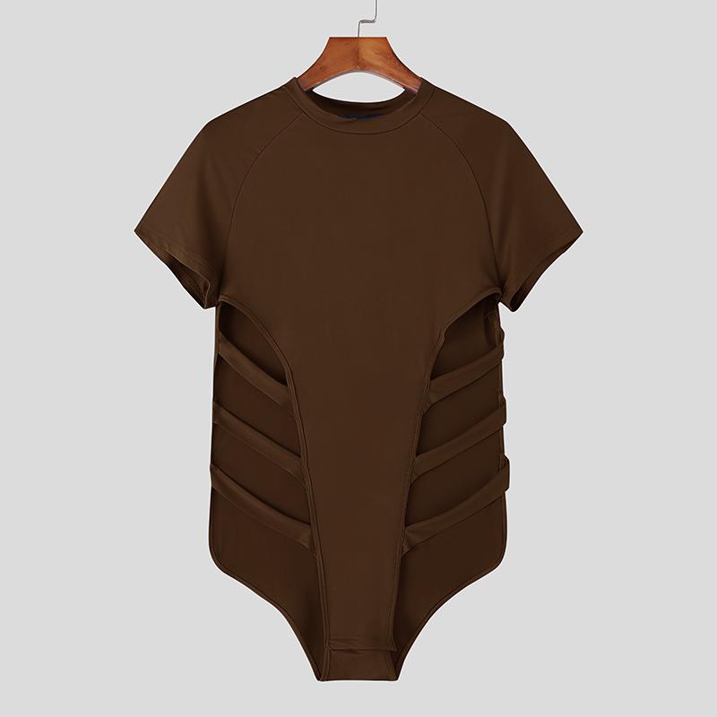 INCERUN Men Short Sleeve Hollow Bandage Fitted Jumpsuits Romper Homewear