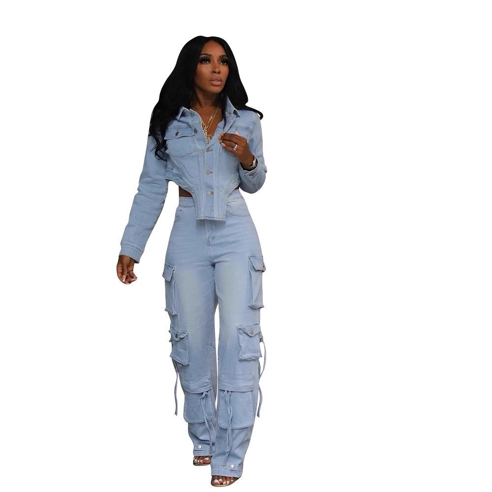 European & American Women's Casual Washed Denim Set
