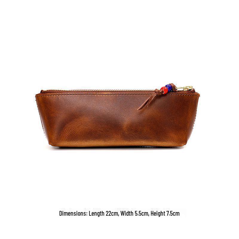 Luxurious Retro Zipper Pencil Case - Handmade, Large Capacity, Oil Wax Leather Pen Box for Students, Fountain Pen Holder