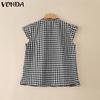 VONDA Women Sleeveless Ruffled Patchwork Plaid Casual Tank Tops Blouse