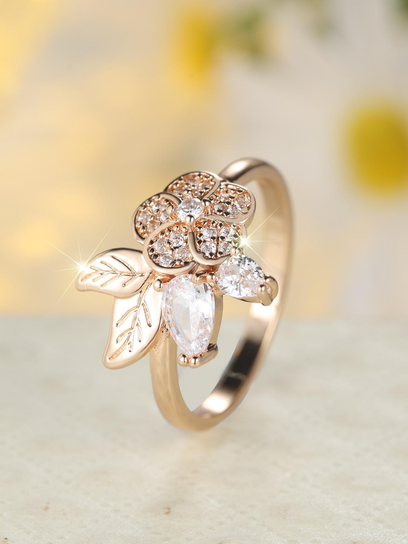 Rose gold camellia petals slightly inlaid ring, gentle fairy air fringed flower exquisite ring no. 6