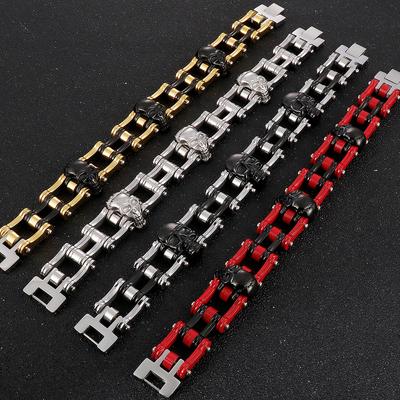 Bracciale Gotico a Catena da Bici con Teschio Larghezza 16MM per Uomo Colore Oro Rosso Pesante Acciaio Inossidabile Bracciali a Catena da Moto Perfetti per Biker