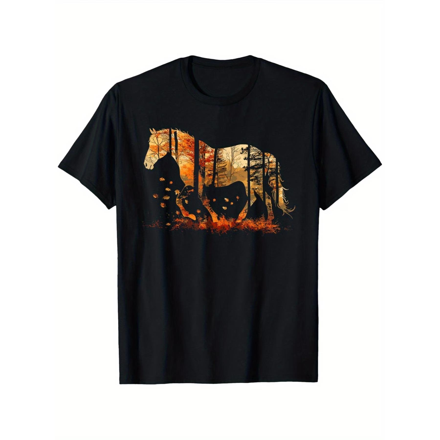 Autumn Horse Silhouette Graphic T-Shirt - Black Tee with Colorful Nature Scene Featuring Trees S чёрный