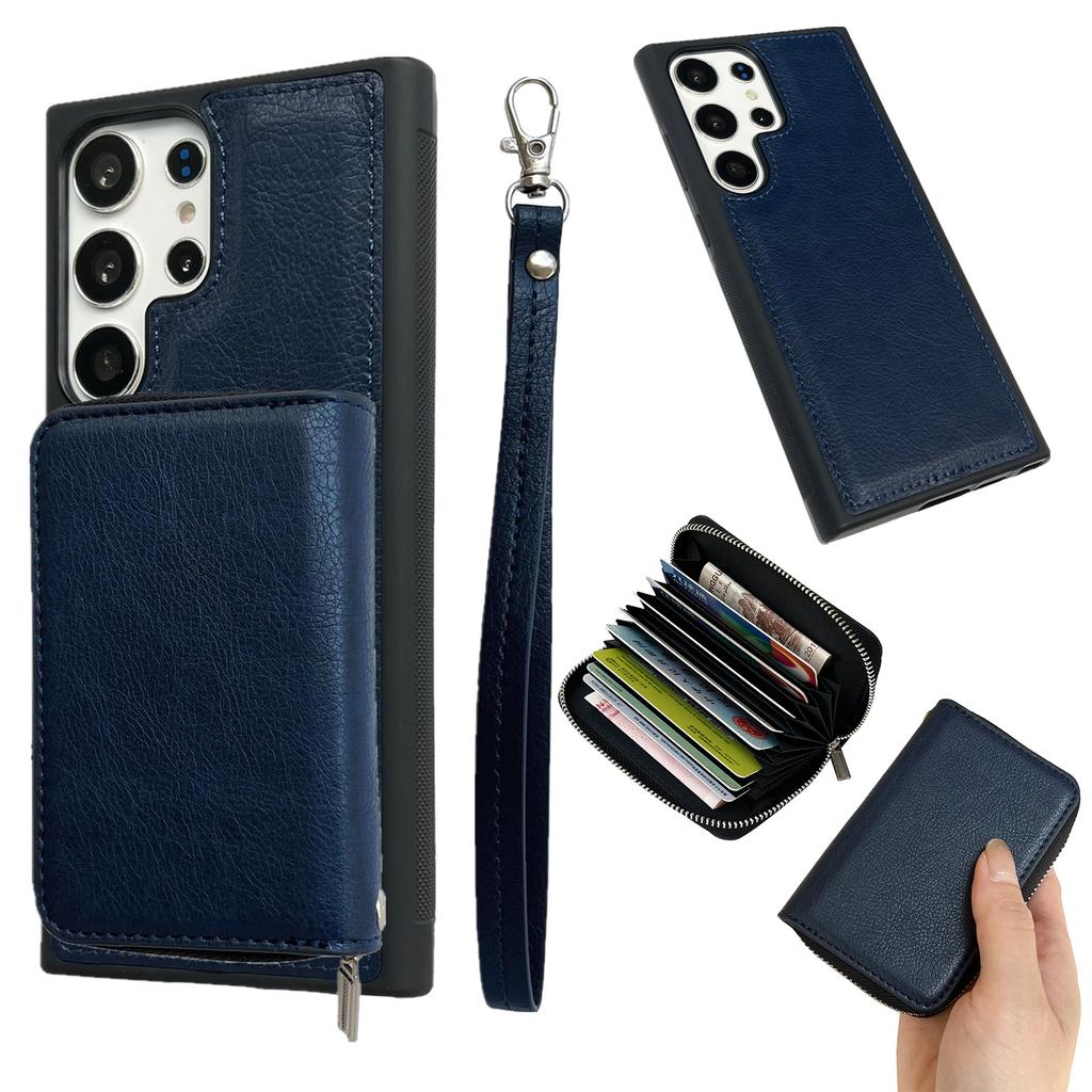 For Samsung Galaxy S25 Ultra Case Detachable Zipper Card Bag PU TPU Kickstand Phone Case with Strap