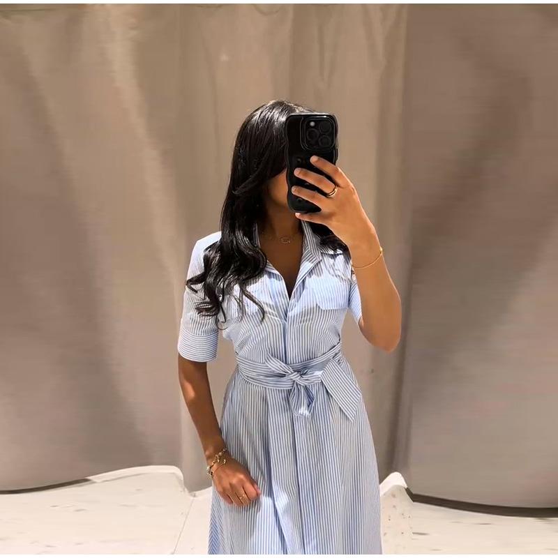 Women's Collar Tied Striped Dress for Daily Wear Blue Striped Fresh Style Summer New Temperament Style Belt Decoration Women's Leisure Dress
