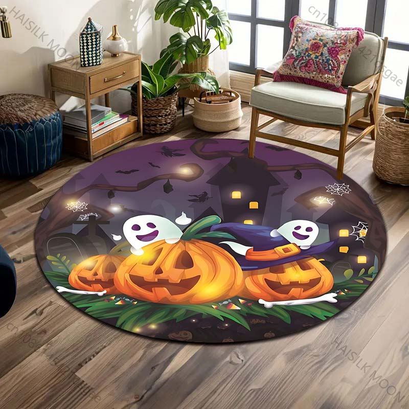 Pumpkin Head Bat Castle Halloween Round Carpet Floor Mat Suitable for Children's Bedroom Decor Living Room Round Rugs for Gifts