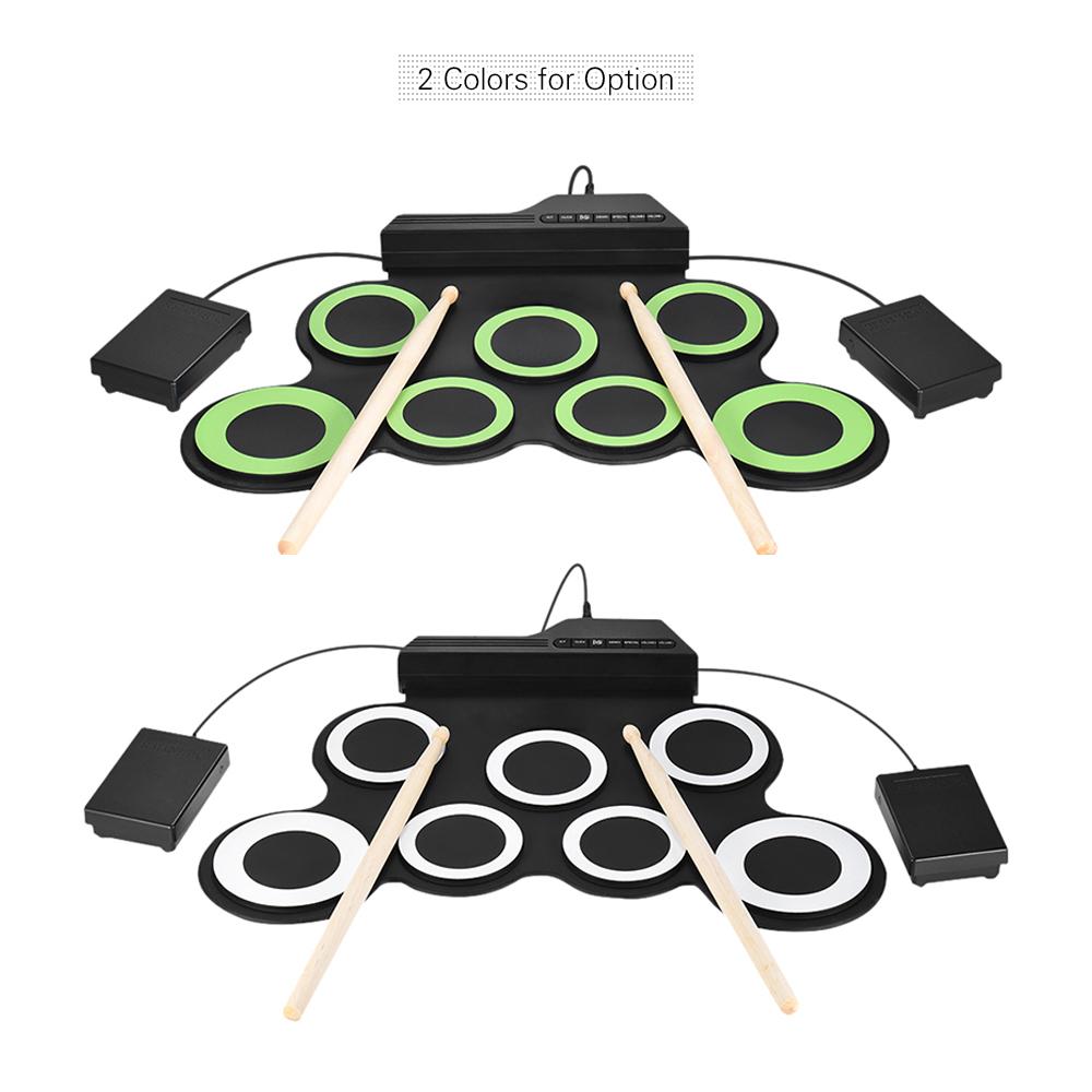 Compact Size Portable Digital Electronic Roll Up Drum Set Kit 7 Silicon Drum Pads USB Powered with Drumsticks Foot