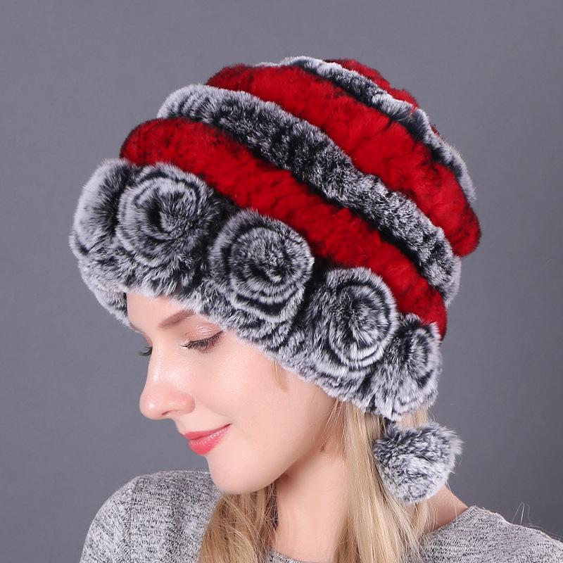 Women's Warm Rex Rabbit Fur Hat with Ear Protection and Pom-Poms