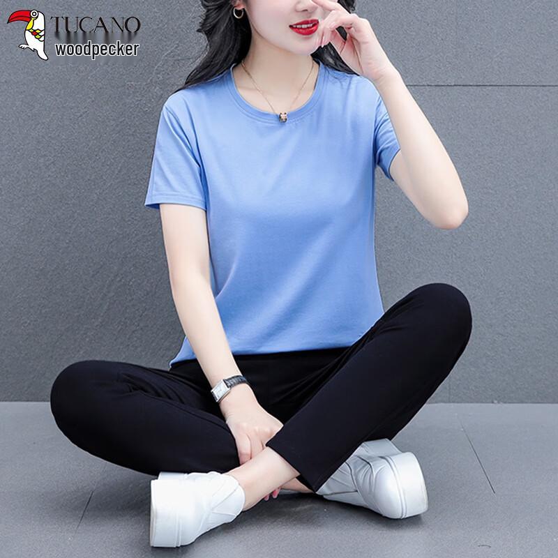 Woodpecker Women s Pure Cotton Summer Casual Short-Sleeve Two-Piece Set 3XL