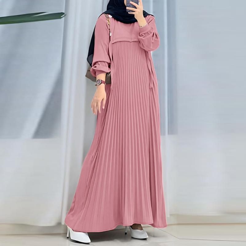 ZANZEA Women Muslim Casual Round Neck Loose Long Sleeve Pleated Long Dress