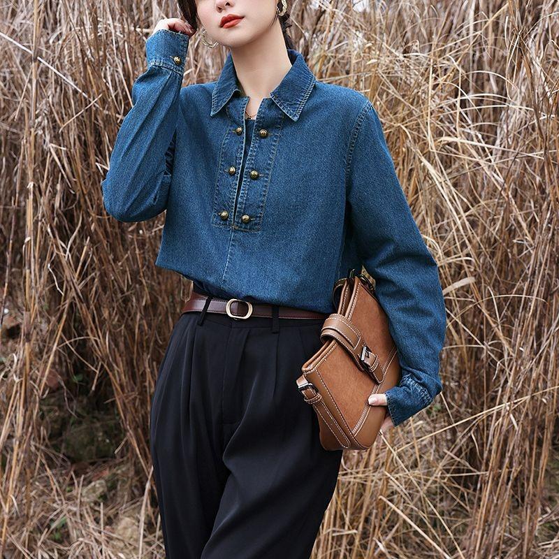 Retro Denim Shirt for Women 2025 New Autumn Layered Casual Versatile Retro Long-sleeved Versatile Pullover
