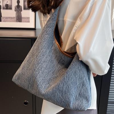 Large Capacity Fashion Denim Tote Bag Women's Canvas Shoulder Bag Commuter Bucket Bag