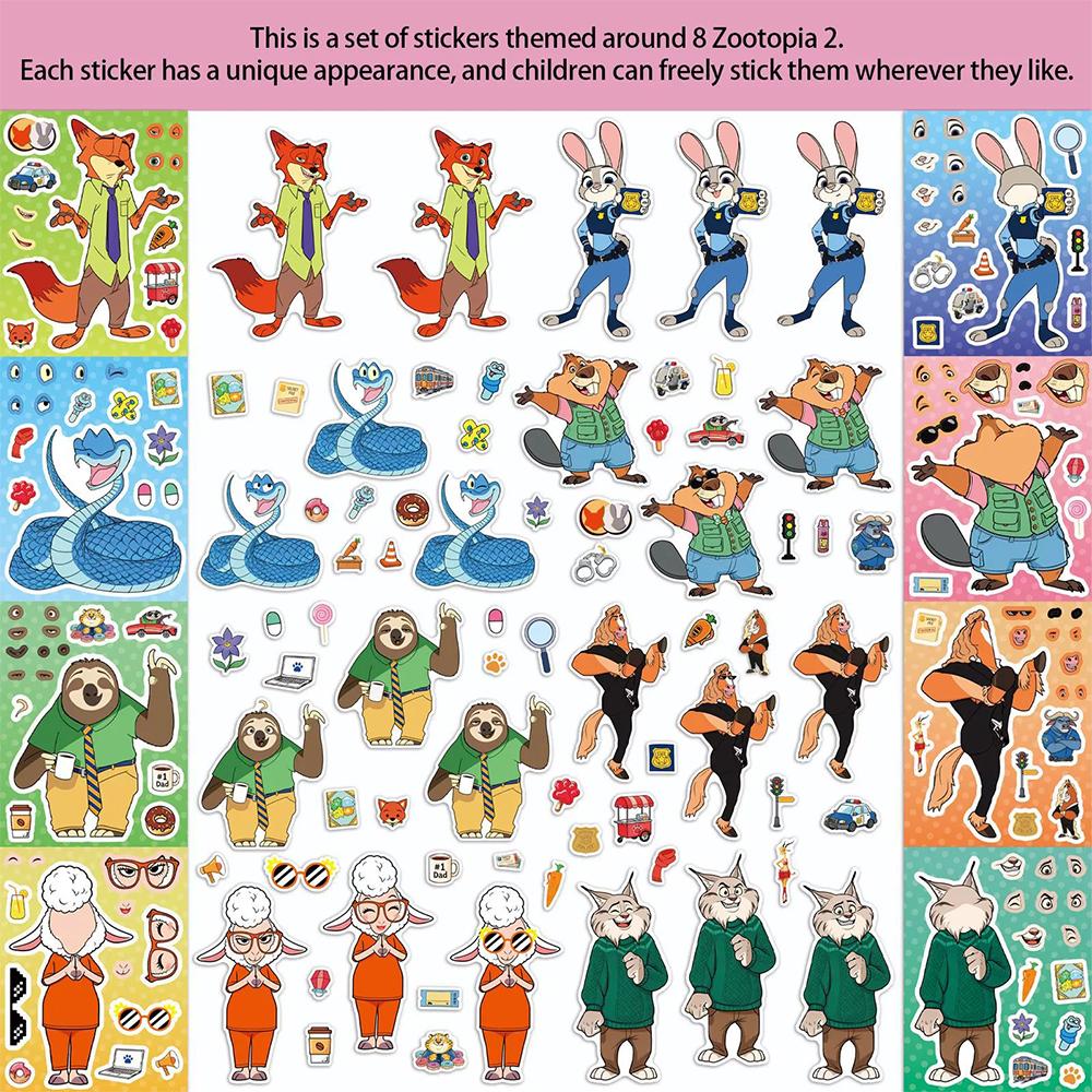 816Sheets Cartoon Judy Nick Disney Zootopia 2 Puzzle Stickers Make A Face Diy Funny Assemble Jigsaw Decals Decoration Toy Gift