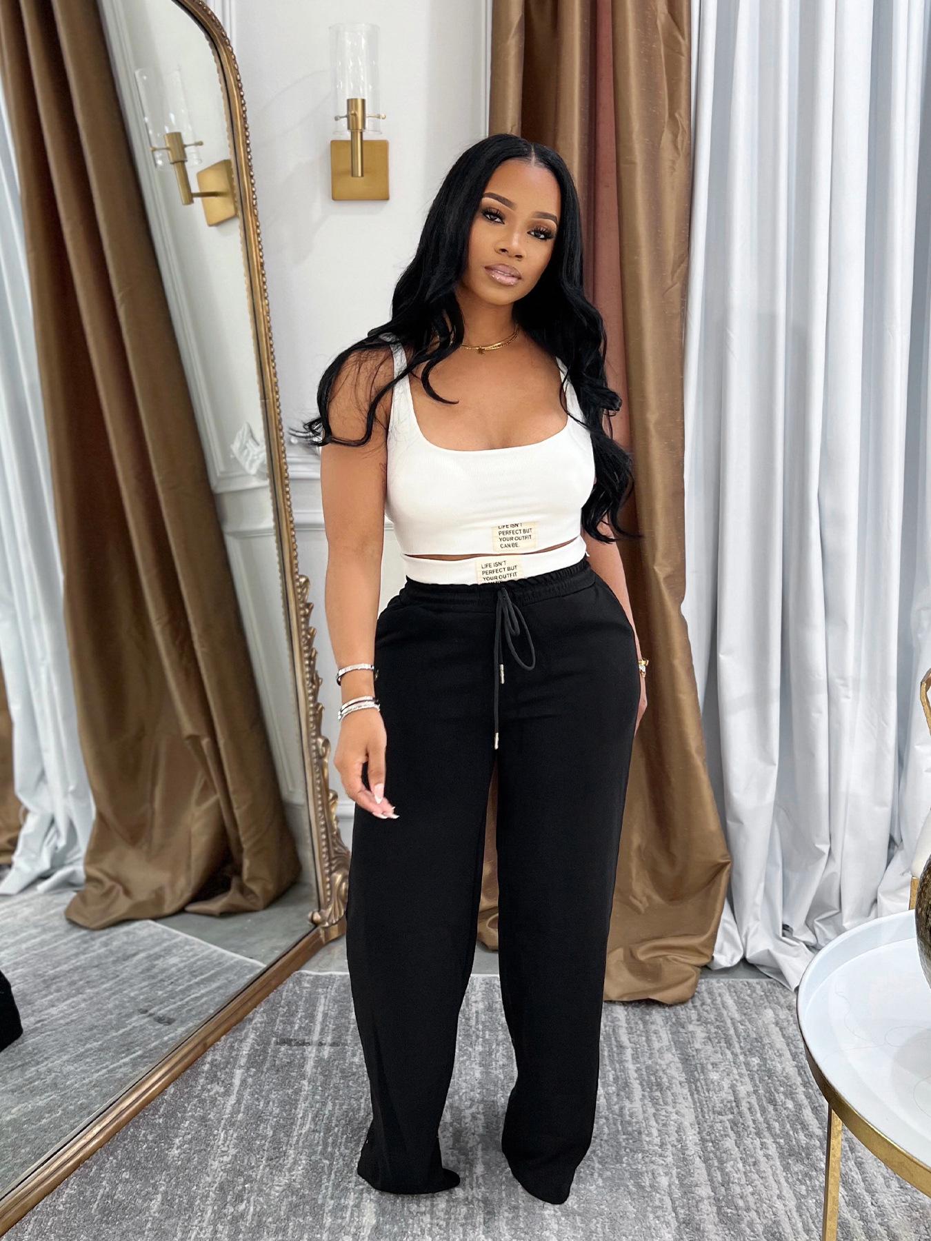 TW693 Женский модный спортивный жилет и брюки с высокой талией и широкими штанинами, комплект Small чёрный