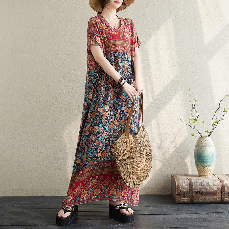 

2024 Summer Plus Size V-Neck Loose Mid-Length Beach Dress in Cotton Linen Plus Size Free Size красный/цветочный
