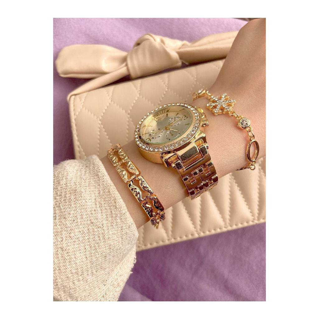 Goldfarbenes Metallarmband-Damenarmbanduhr und Kombinationsarmband-Set