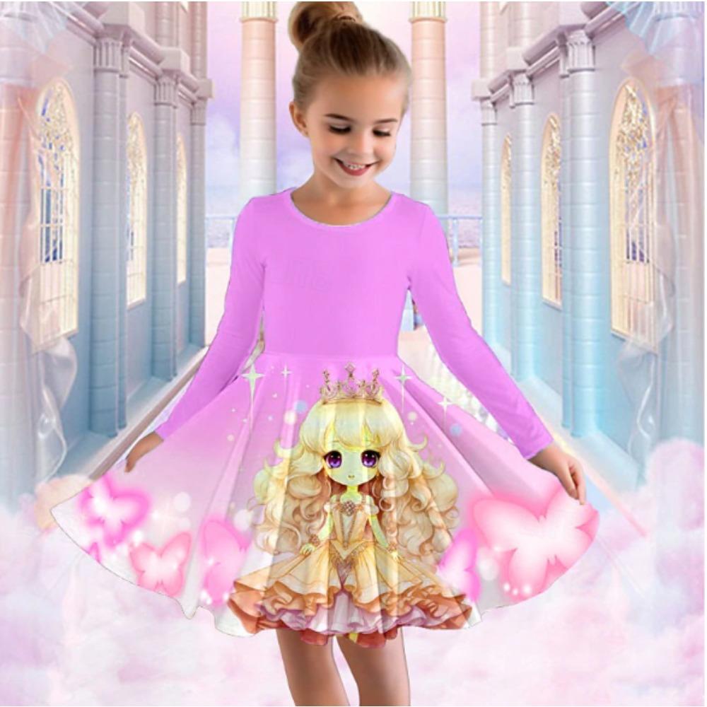 Vestito Casual da Bambina con Stampa 3D, Girocollo, Manica Lunga, Vestito da Principessa per Bambini