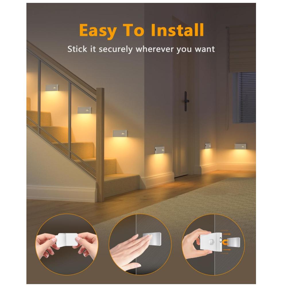 WILLED Night Light with Motion Alarm, 4 Pieces Rechargeable Stair Lighting with Motion Alarm, LED Night Light Children with 3 Modes (Auto/ON/OFF),