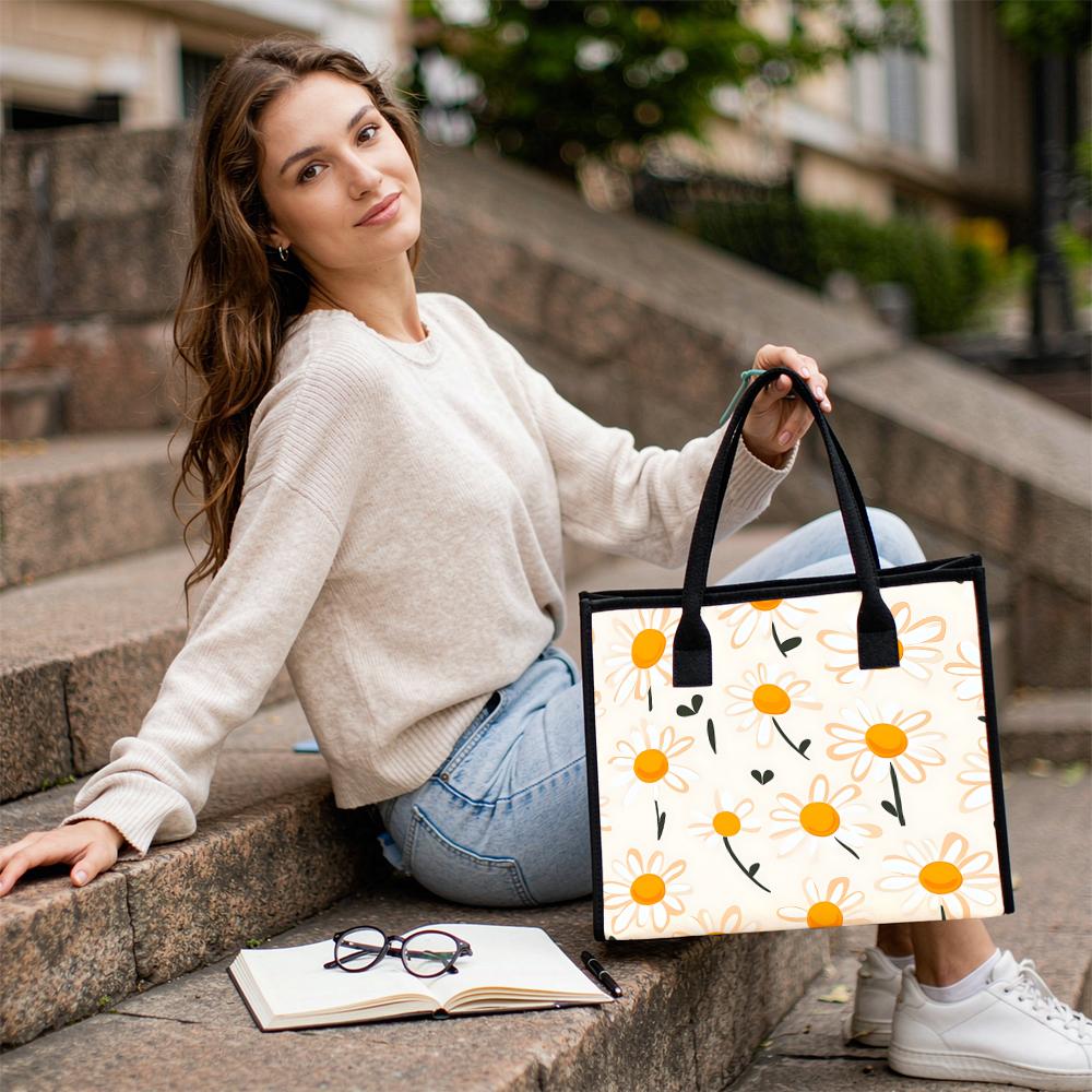 Daisy Print Tote Bag Casual Large Capacity Handbag for Daily Use