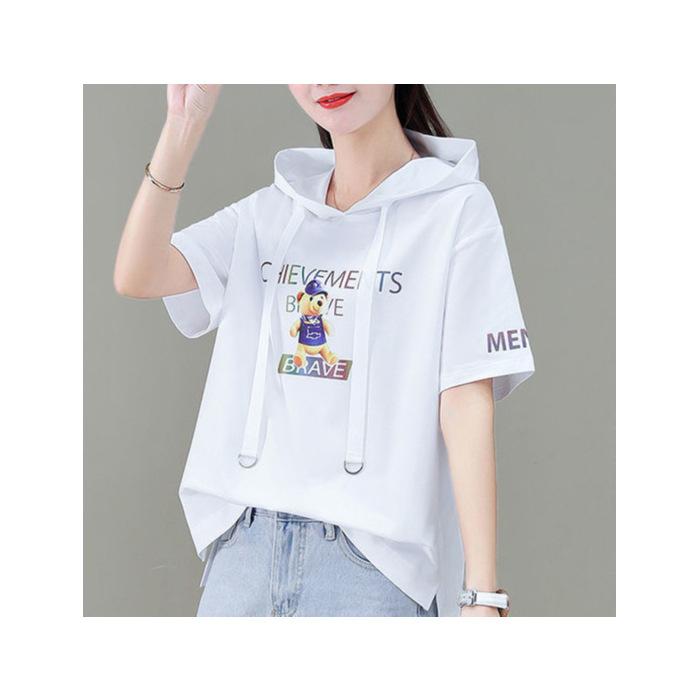 Women s Summer Lightweight Loose Hooded Short Sleeve T Shirt with Cartoon Print 90 белый