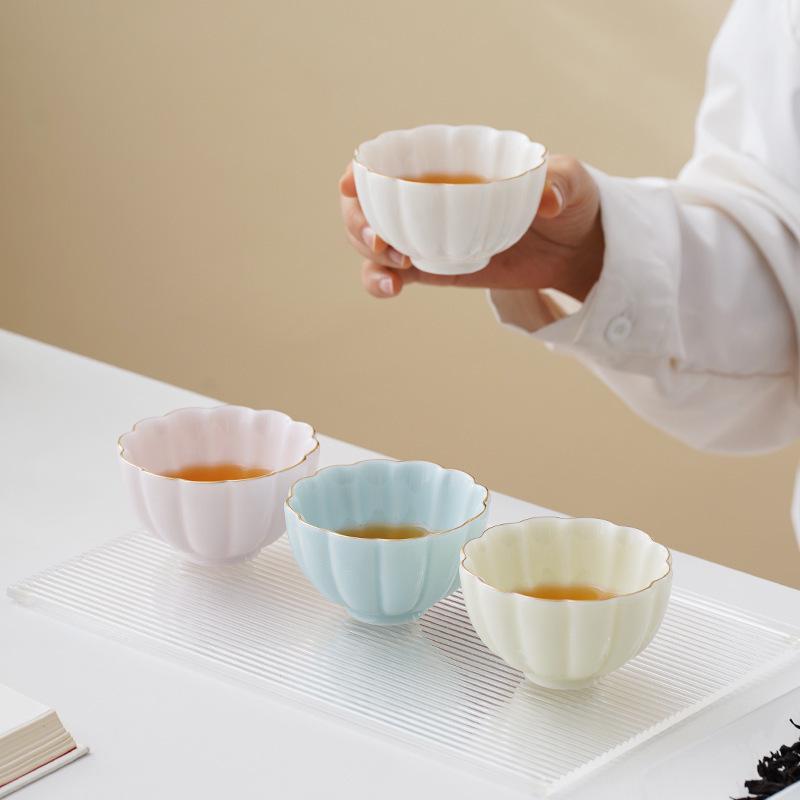Jade White Porcelain Tea Cup with Flower Petal Design - Ceramic Tea Set for Women