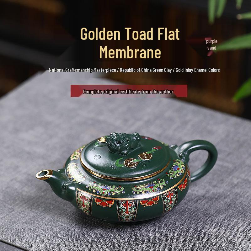 Master Artisan Handmade Enamel Golden Toad Green Clay Zisha Teapot Gift Box