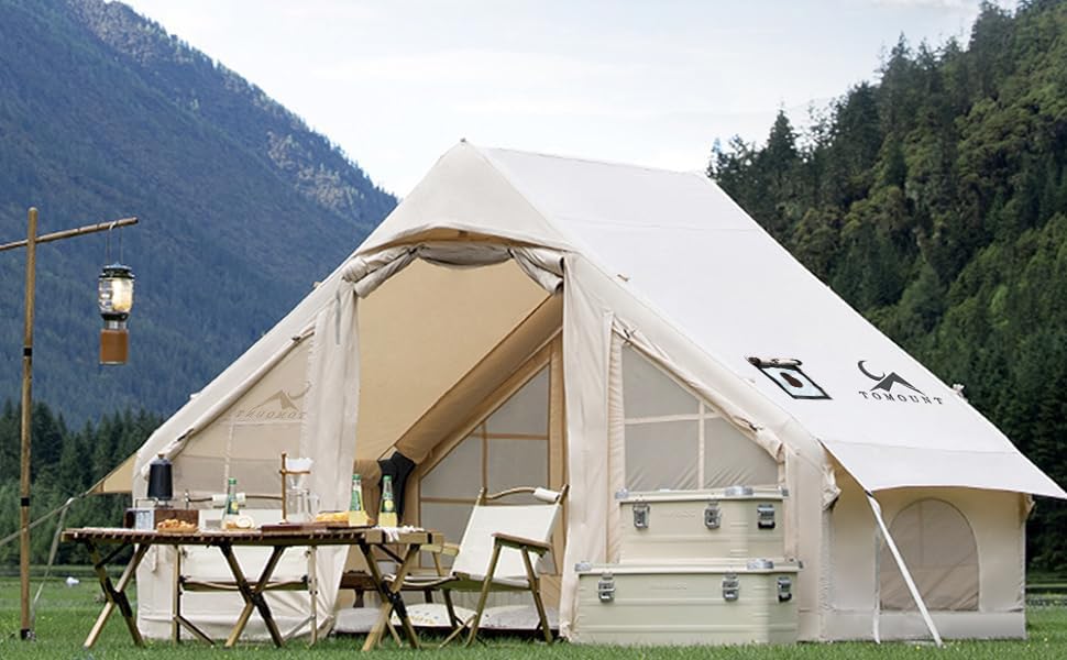 TOMOUNT Air gonflabil Oxford Lodge pentru 2 până la 4 persoane cu coș de fum Camping de familie ușor de încălzit țânțari 4 pungă de depozitare inclusă cort, cort, cort, oameni,