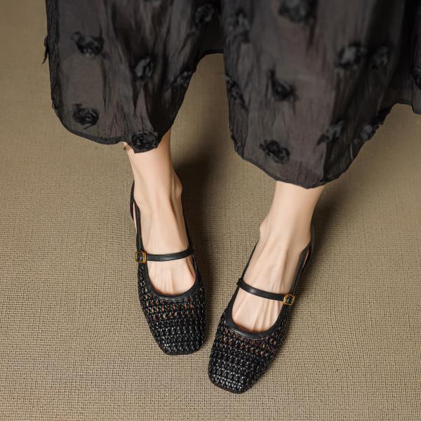 Fashion Square Toe Real Leather Shoes Woman Buckle Strap Female Sandal Breathable Mary Jane Med Block Heels Genuine Girls Medium Chunky