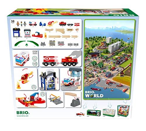 BRIO WORLD Rescue Team Set 36025 [44 Pieces] for Ages 3 and Up (Electric Train Toy with Wooden Tracks) Red, Green, Blue, and Yellow