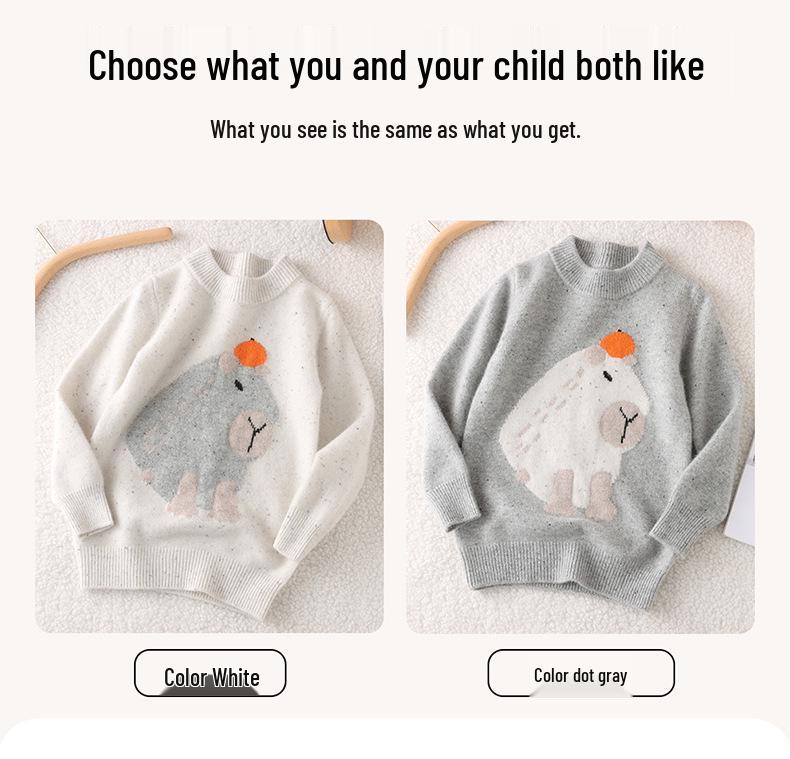 Hochwertiger 100% reine Wolle Kinder Pullover mit halbem Rollkragen Capybara Strick - Doppelfaden Verdickt