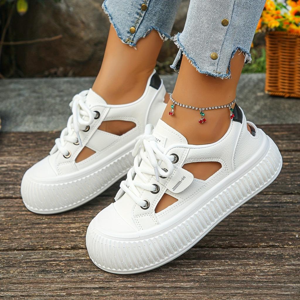 Four Season New Thick Sole Height Increasing Hollow Out Trendy Women's Shoes, White Shoes for Women