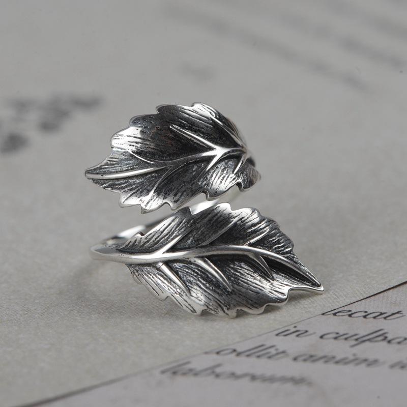 Buyee 925 Sterling Silver Male Female Big Ring Finger Elegant Gary Leaf Open Ring for Woman Men Fashion Fine Jewelry Circle Gift