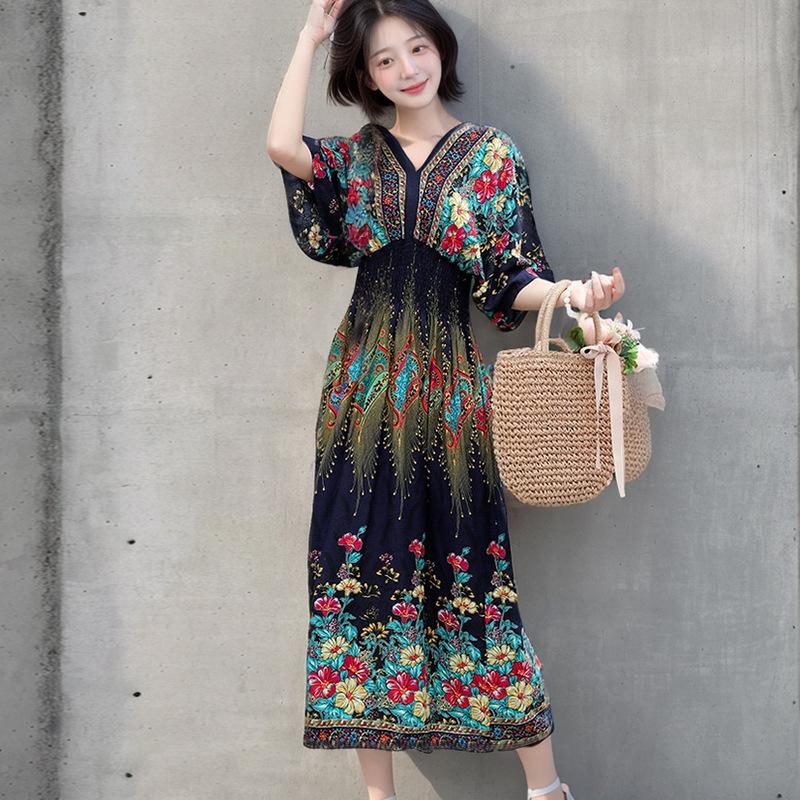 Ethnic Style V-neck Cotton and Silk Short-sleeved French Thai Style Dress for Women's Summer Printing Pastoral Style Skirt for Vacation Wear